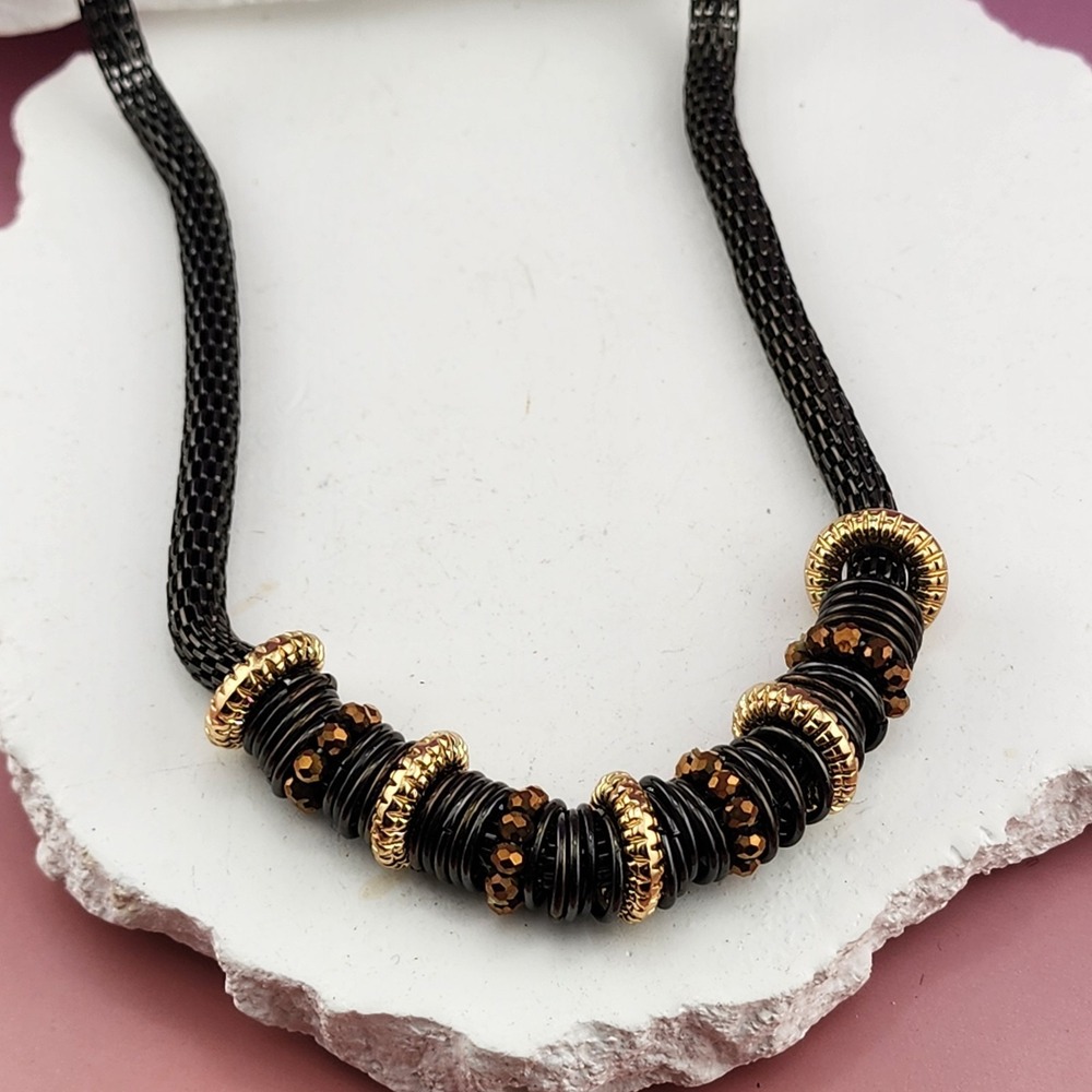 Black Bronze Gold Multi Strand Necklace Crystal Rondelle Chunky Statement Mesh